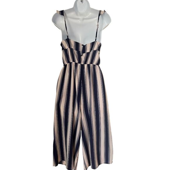 Trixxi Sleeveless Wide Leg Beige Navy Blue Ruffle Strap Summer Jumpsuit Sz S - Picture 2 of 11